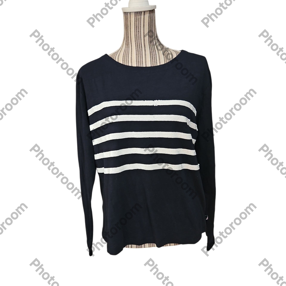 NAUTICA JEANS Woman%100Cotton NavyBlue White Sequined Striped Women's Top SizeM